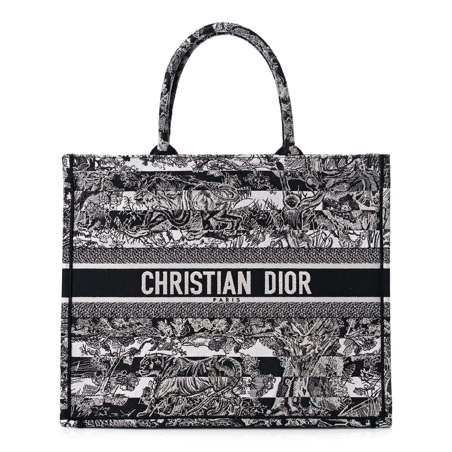 Canvas Embroidered Large Dioriviera Reverse Striped Toile De Jouy Book Tote Black White