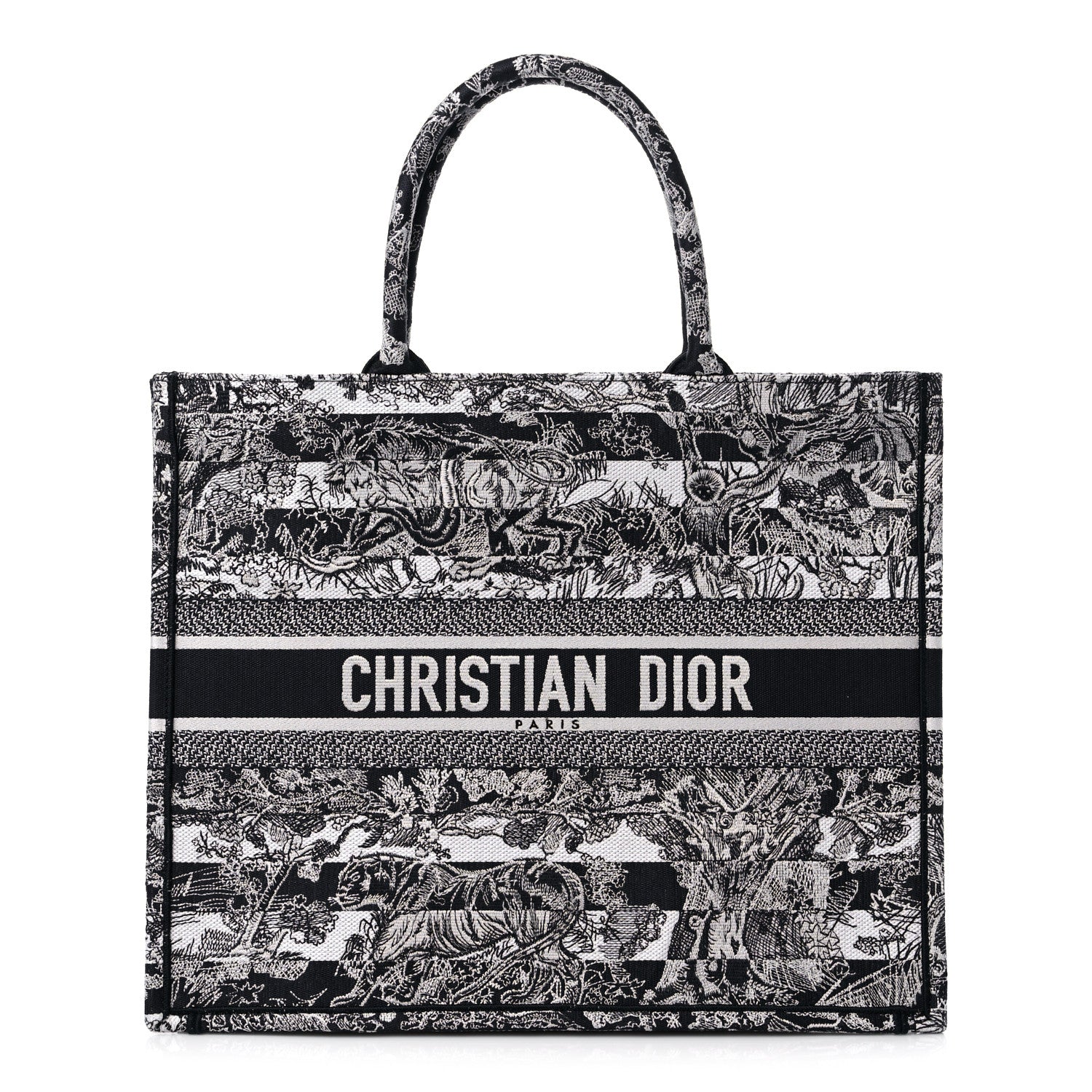 Christian Dior Canvas Embroidered Large Dioriviera Reverse Striped Toile De Jouy Book Tote Black White 1 of 10