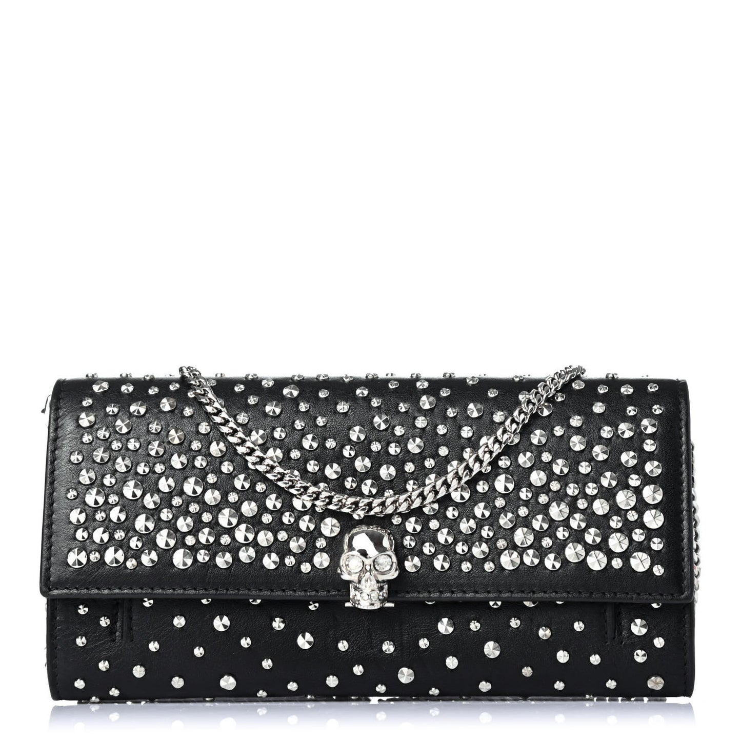 Calfskin Studded Skull Wallet on Chain Black