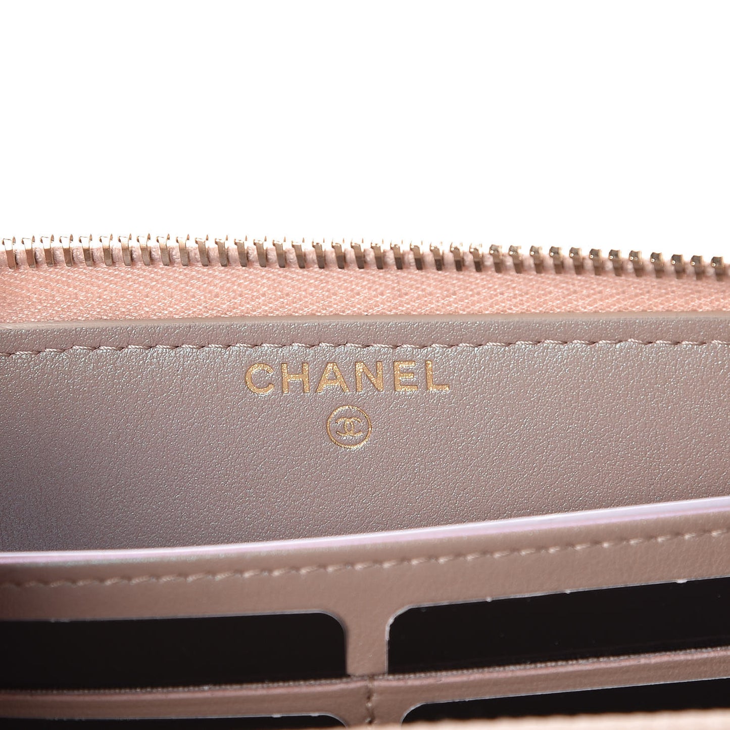 Iridescent Caviar Quilted Long Zip Around Wallet Beige