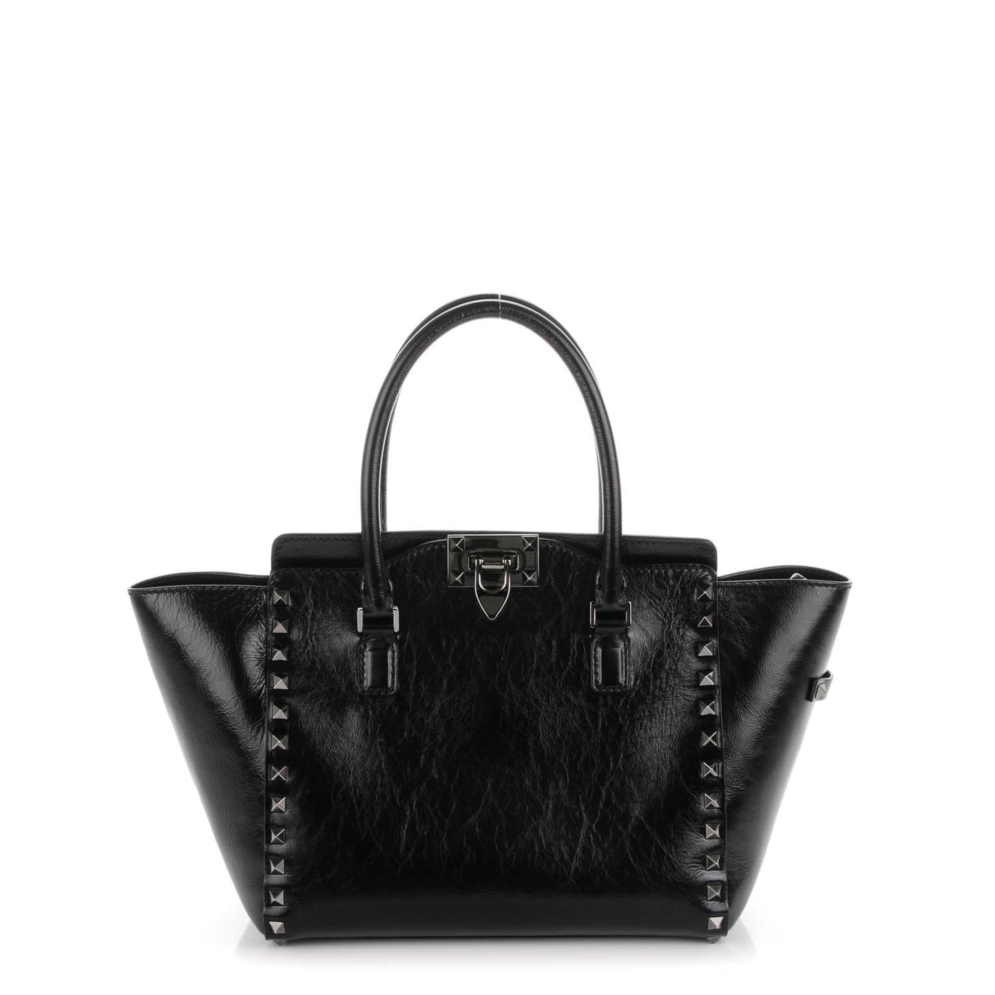 Craquele Calfskin Small Rockstud Double Handle Tote Black