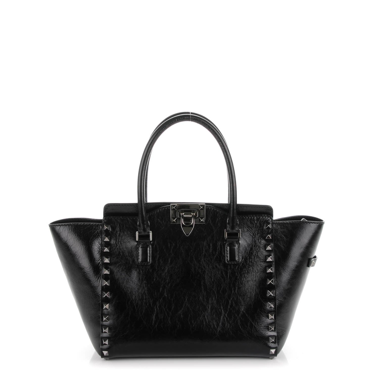 Valentino Garavani Craquele Calfskin Small Rockstud Double Handle Tote Black 1 of 7