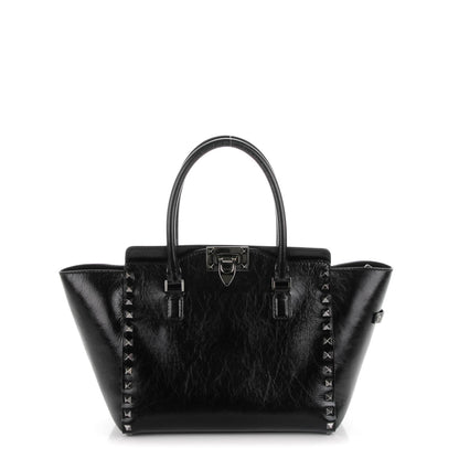 Valentino Garavani Craquele Calfskin Small Rockstud Double Handle Tote Black 1 of 7