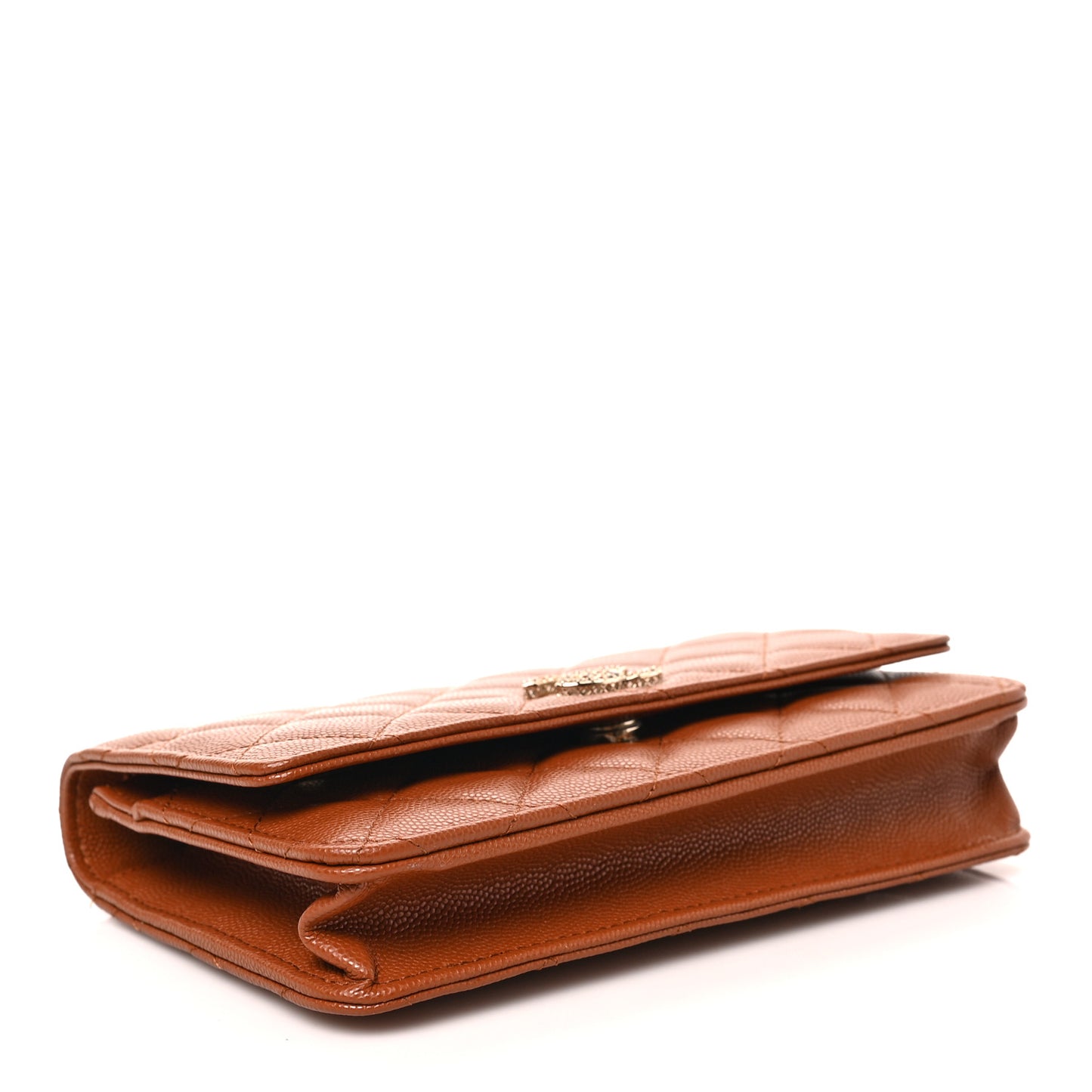 Shiny Caviar Quilted Strass Wallet On Chain WOC Light Brown