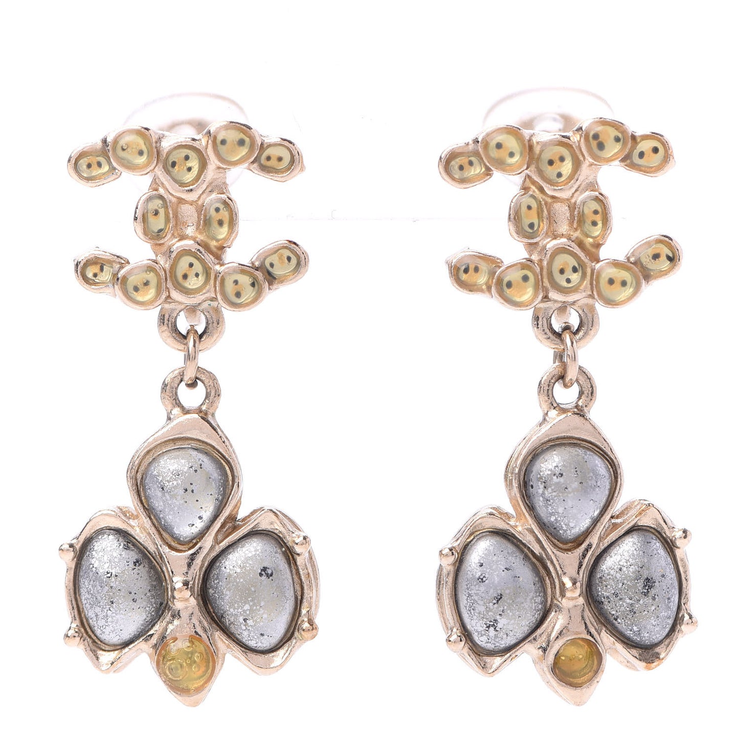 Resin CC Drop Clip On Earrings Grey Gold