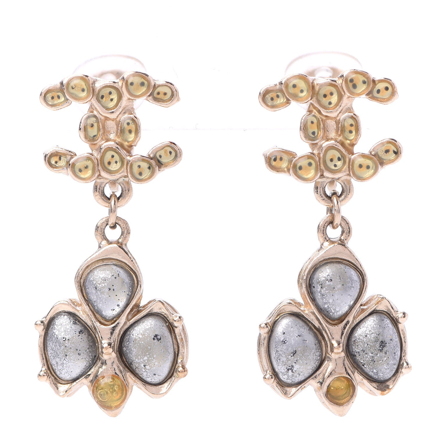 Chanel Resin CC Drop Clip On Earrings Grey Gold 1 of 4