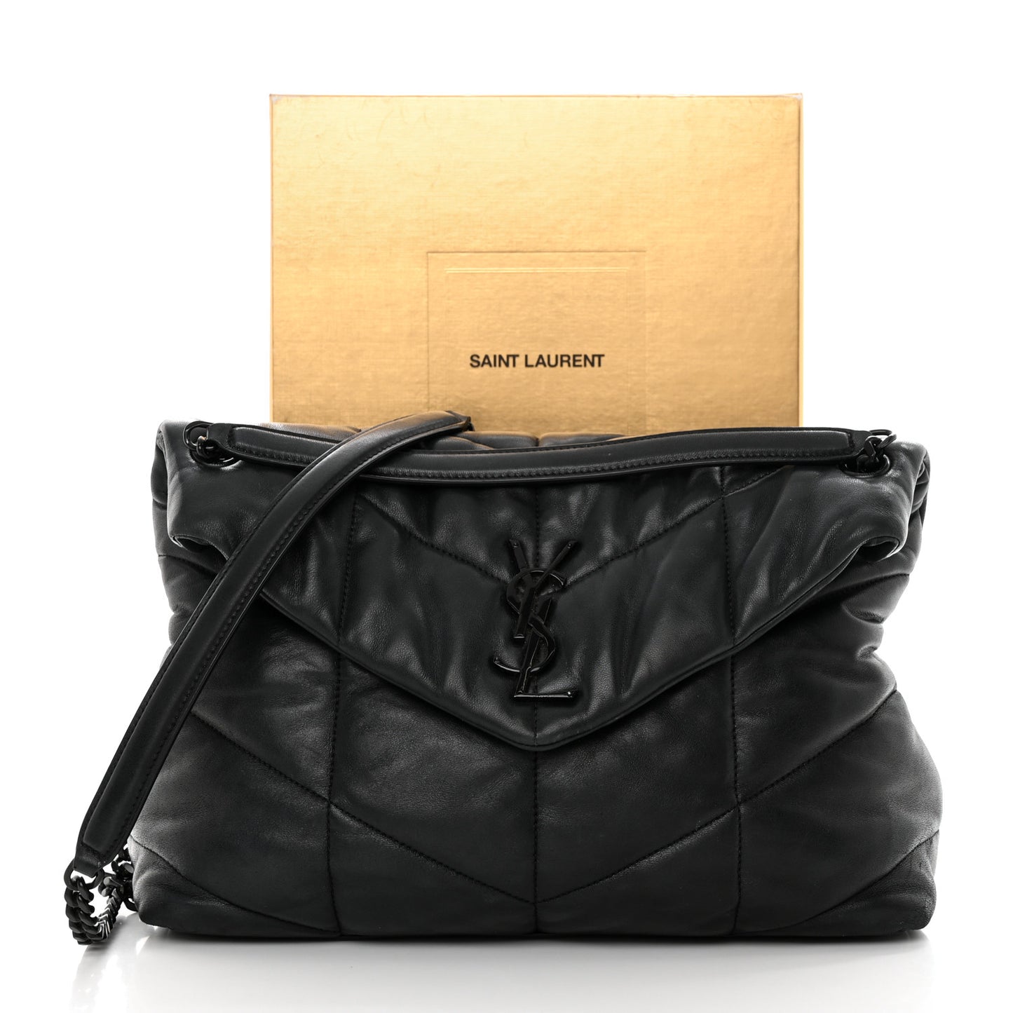 Lambskin Quilted Monogram Monochrome Medium Loulou Puffer Chain Satchel Black