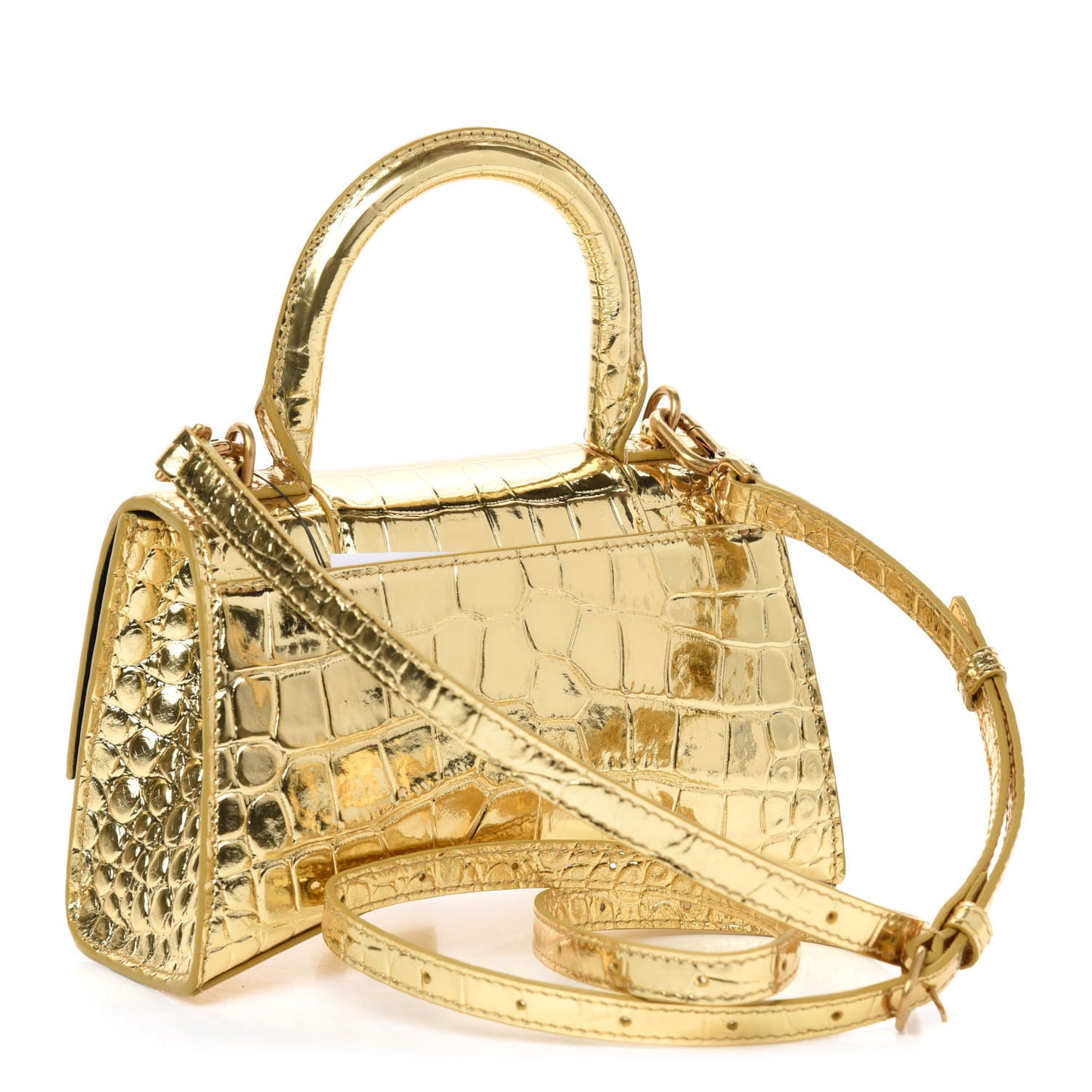 Metallic Calfskin Crocodile Embossed Hourglass Top Handle Bag XS Gold