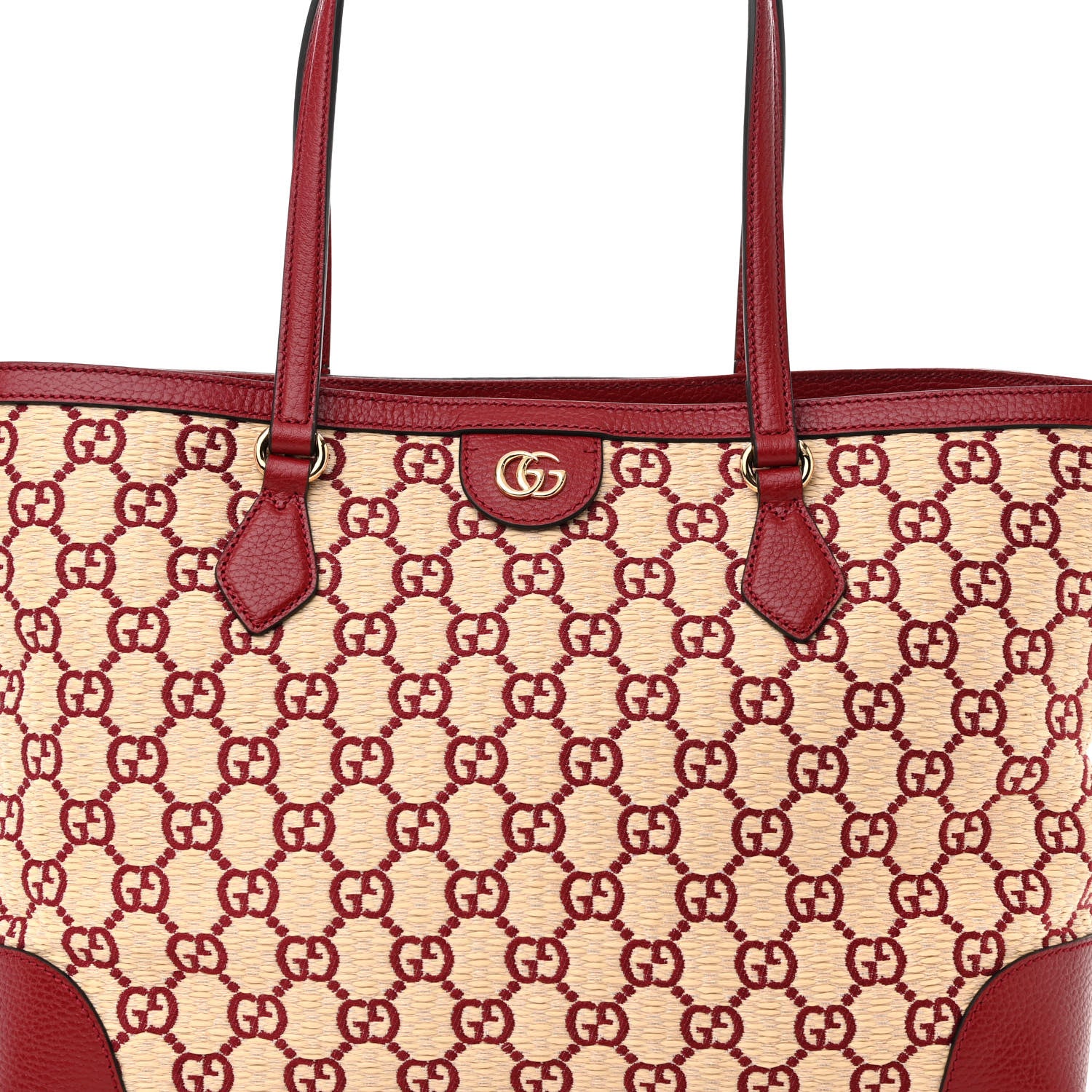 Gucci Straw Jacquard Dollar Calfskin GG Monogram Medium Ophidia Shopping Tote Natural New Cherry Red 8 of 11