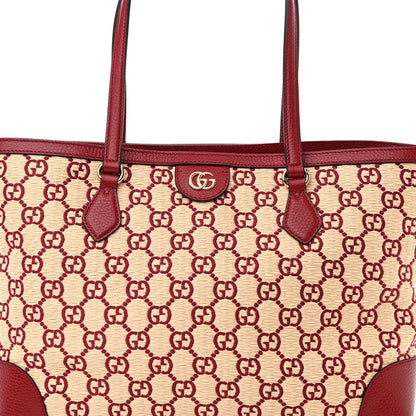 Gucci Straw Jacquard Dollar Calfskin GG Monogram Medium Ophidia Shopping Tote Natural New Cherry Red 8 of 11