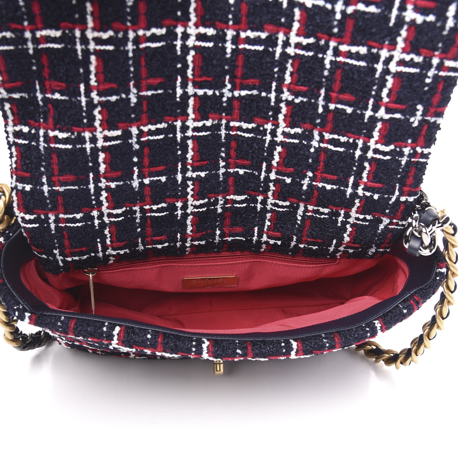 Chanel Tweed Quilted Large 19 Flap Navy Blue White Red 5 of 10