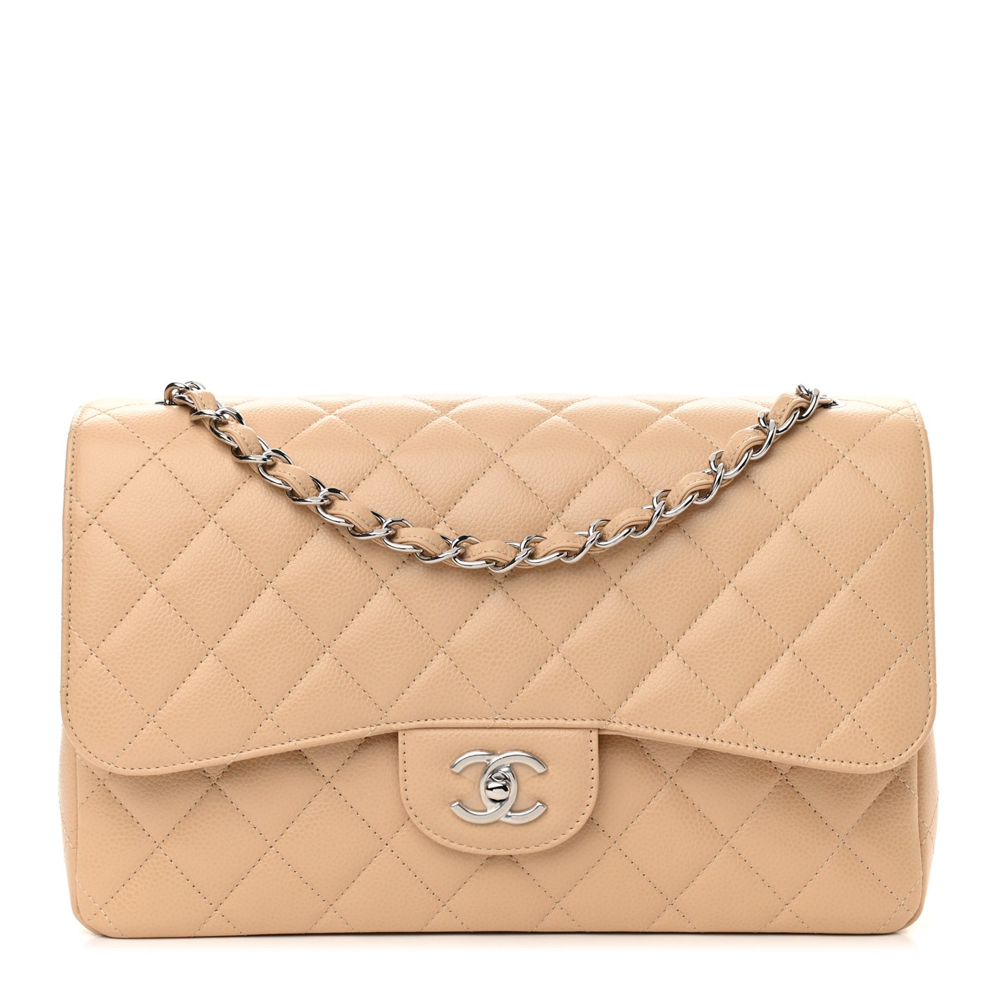 Caviar Quilted Jumbo Double Flap Beige Clair