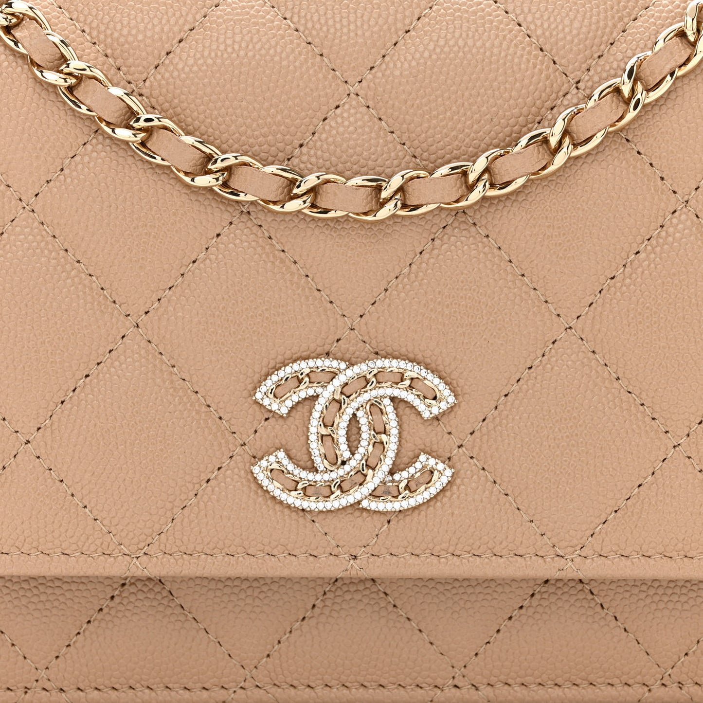 Caviar Quilted Crystal CC Wallet On Chain WOC Beige