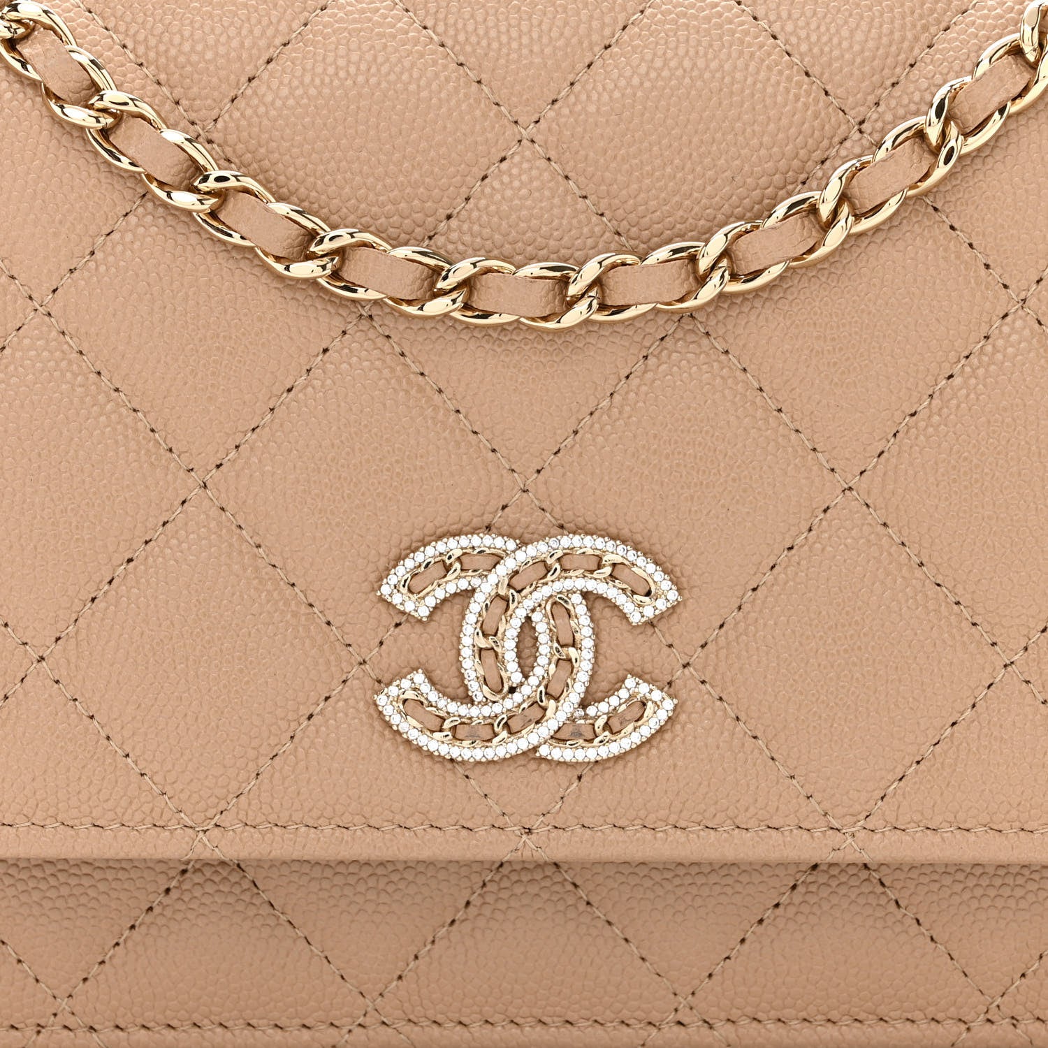 Chanel Caviar Quilted Crystal CC Wallet On Chain WOC Beige 9 of 13