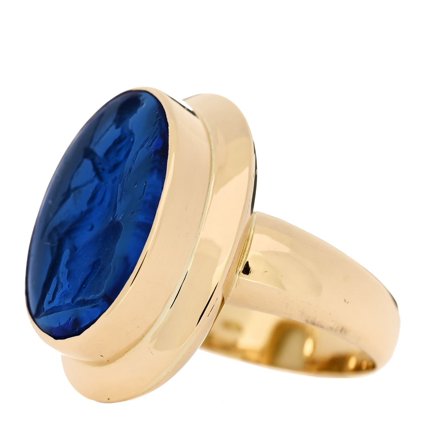 19K Yellow Gold Peacock Blue Venetian Glass Intaglio Ring 57 8