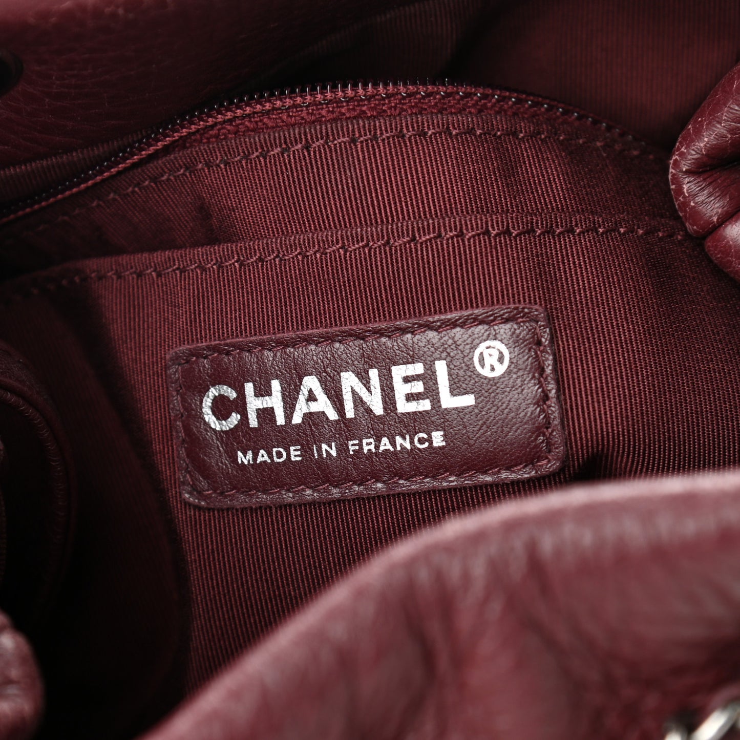 Deerskin Chevron Medium CC Chain Bucket Drawstring Bag Burgundy