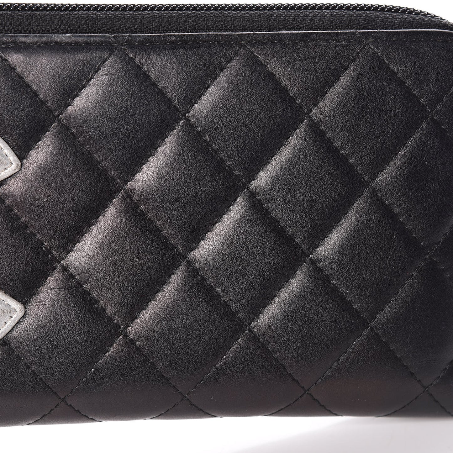 Calfskin Quilted Cambon Large Gusset Zip Around Wallet Black Silver