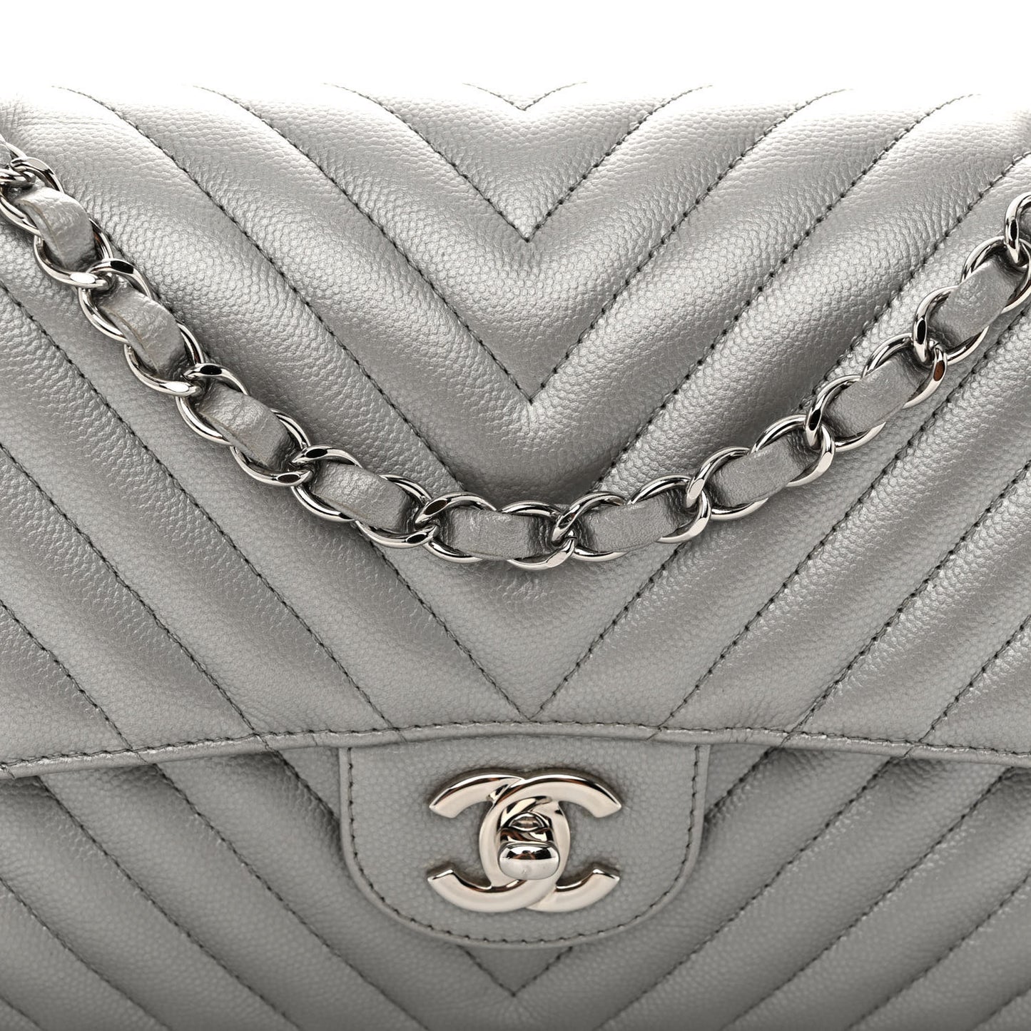 Metallic Caviar Chevron Quilted Medium Double Flap Silver