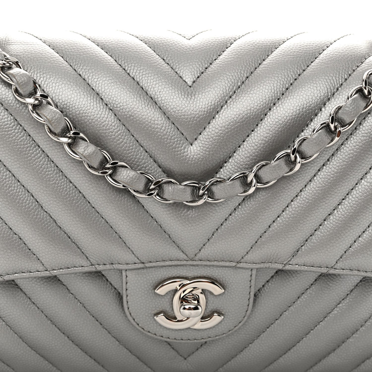 Chanel Metallic Caviar Chevron Quilted Medium Double Flap Silver 8 of 12