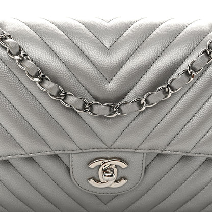 Chanel Metallic Caviar Chevron Quilted Medium Double Flap Silver 8 of 12
