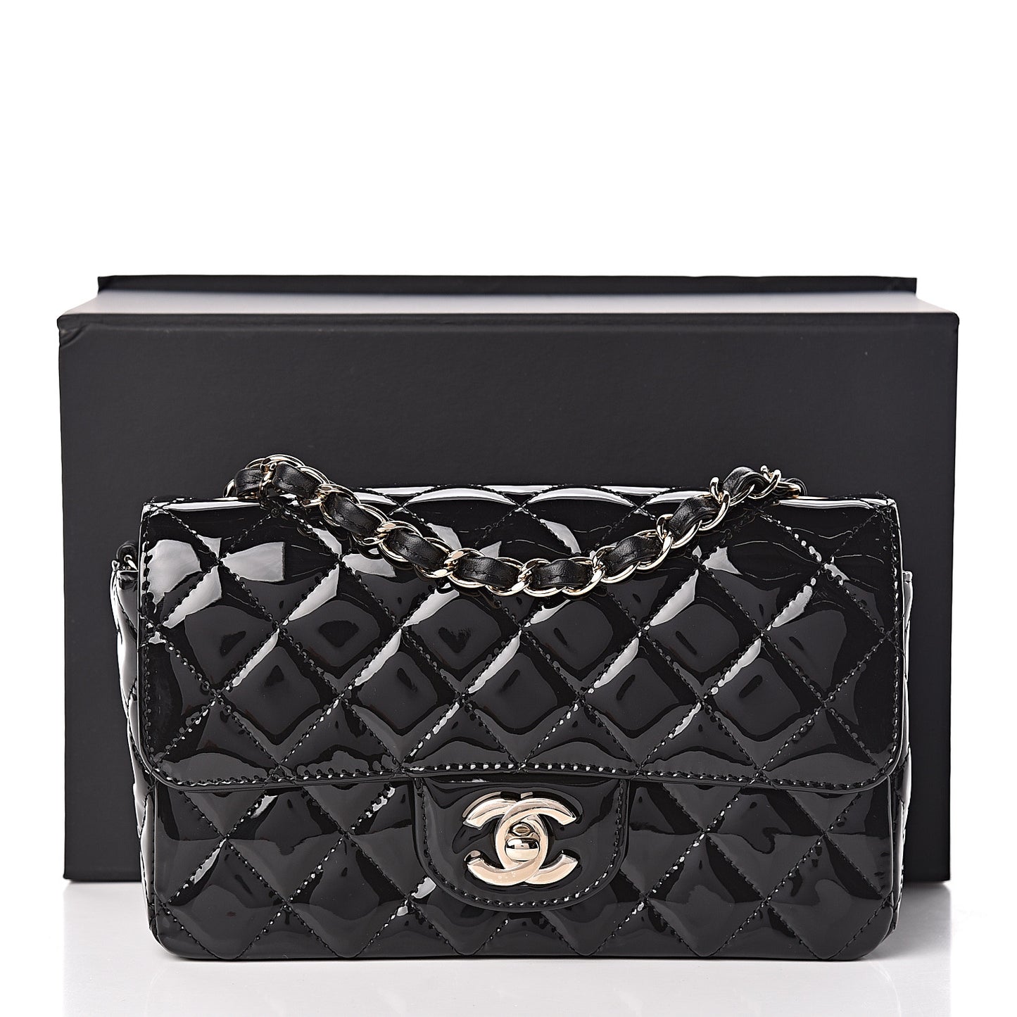 Patent Calfskin Quilted Mini Rectangular Flap Black
