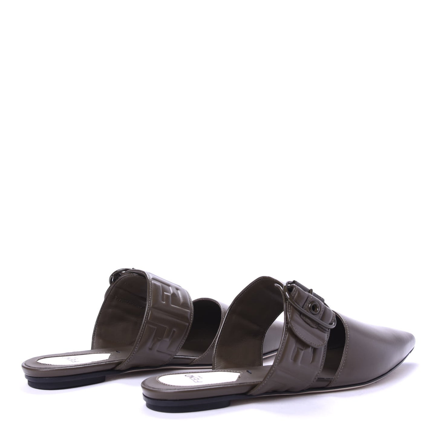 Vitello FF Embossed Buckle Flat Mules 35.5 Wood