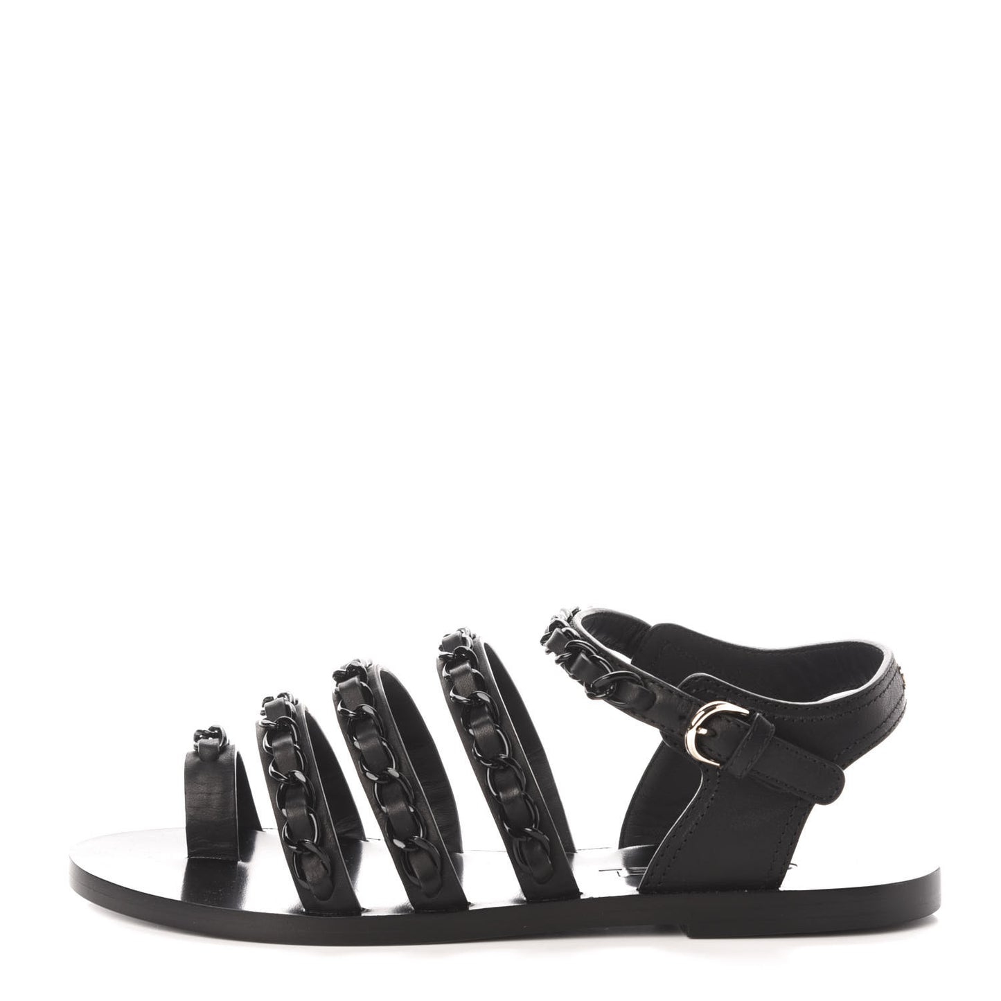 Calfskin Chain Flat Sandals 38 Black