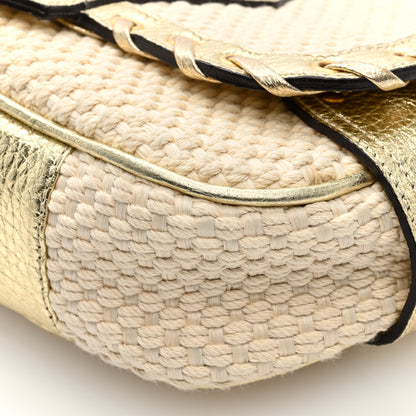 Versace Woven Canvas Metallic Calfskin Stitched Shoulder Bag Beige Gold 9 of 9