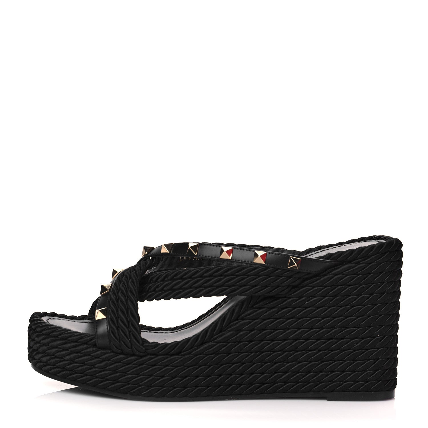 Valentino Garavani Calfskin Silk Rockstud Torchon Espadrille Wedge 25/95mm Slide Sandals 40 Black 1 of 9