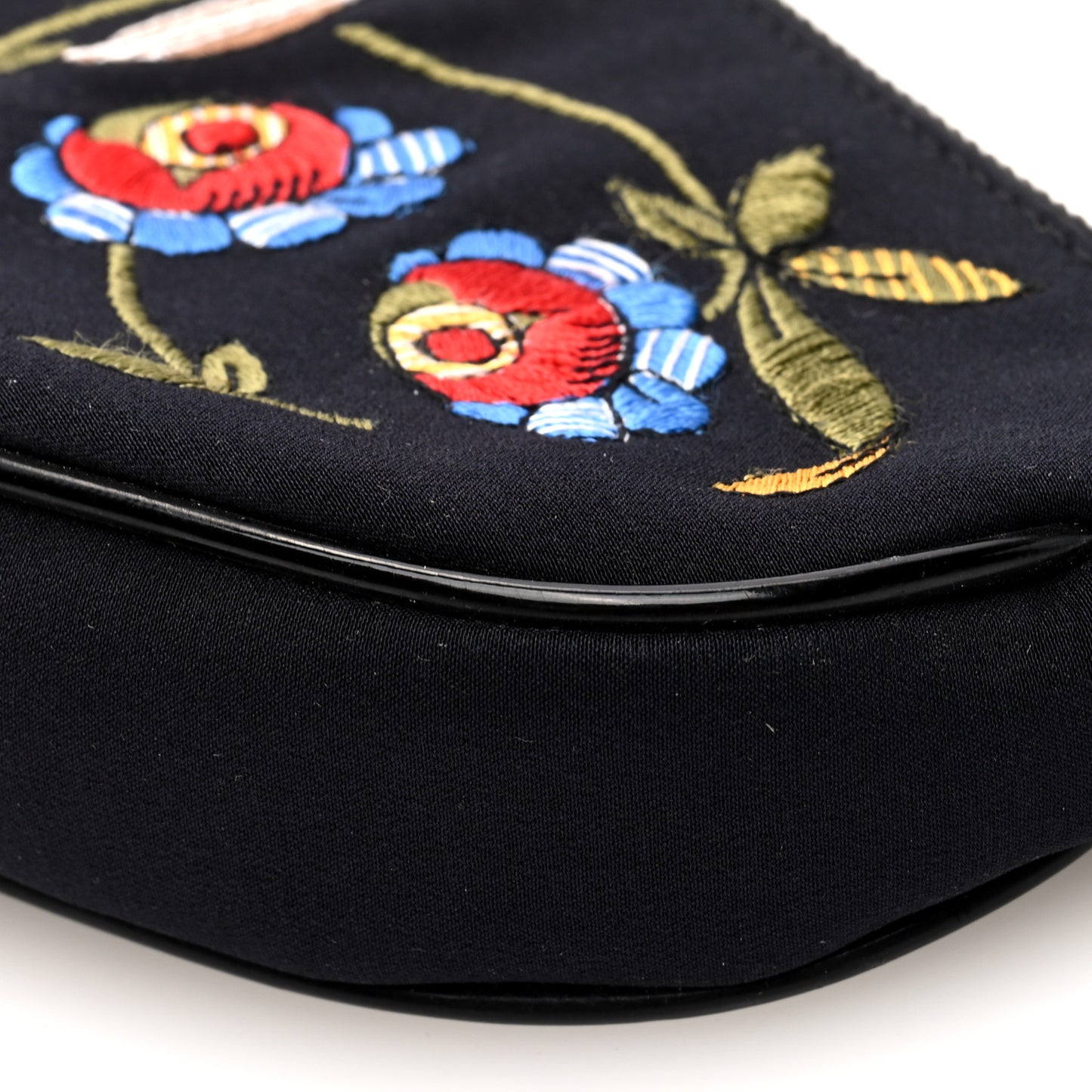 Satin Embroidered Floral Mini Saddle Pochette Bag Black