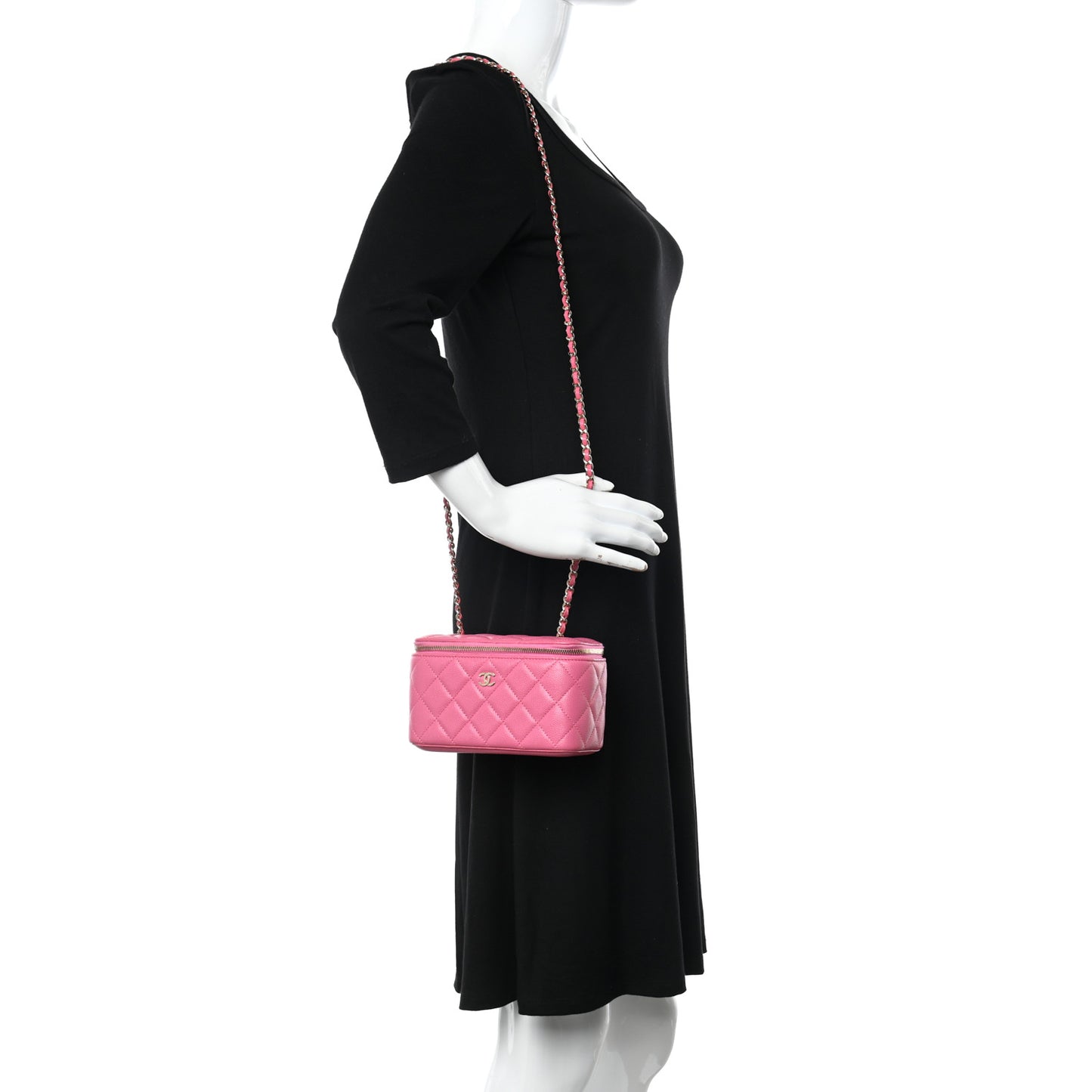 Caviar Quilted Small Vanity Case With Chain Pink