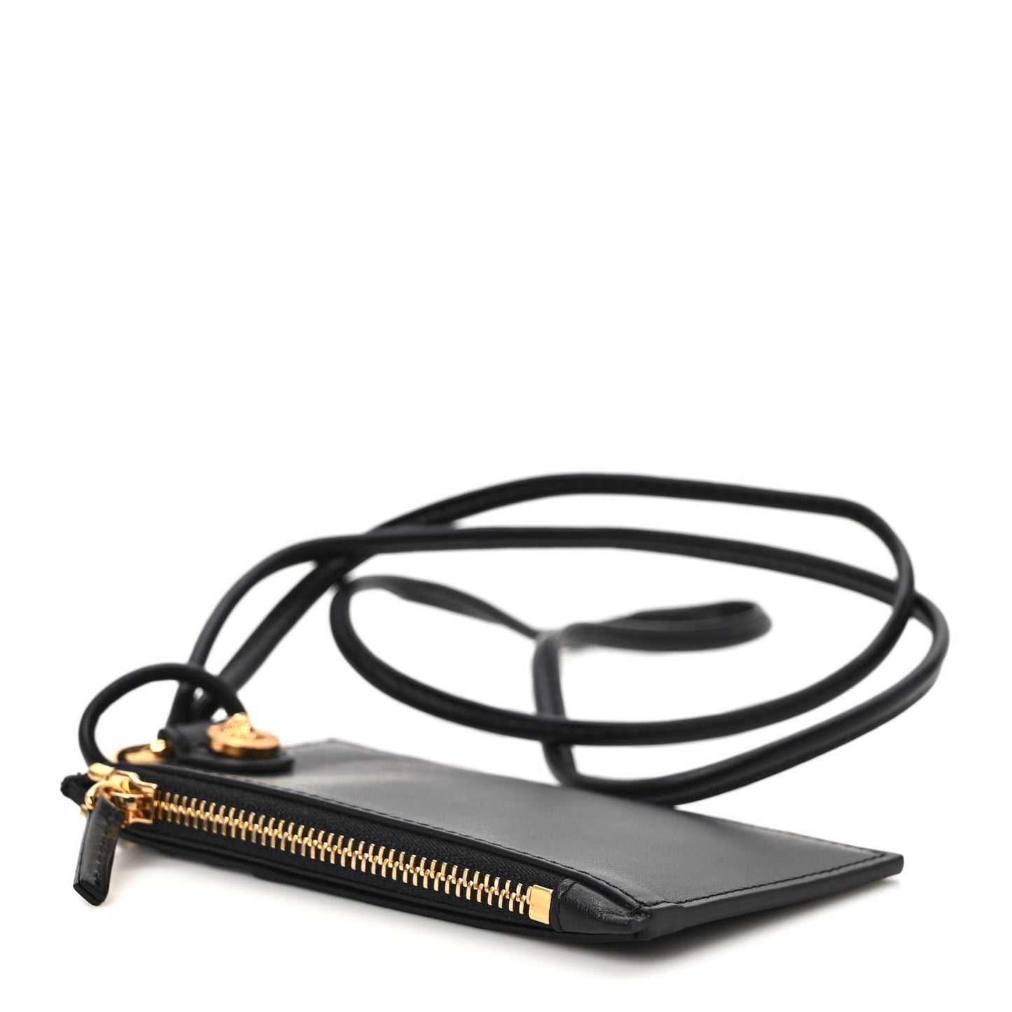 Calfskin Medusa Lanyard Zip Pouch Card Holder Black