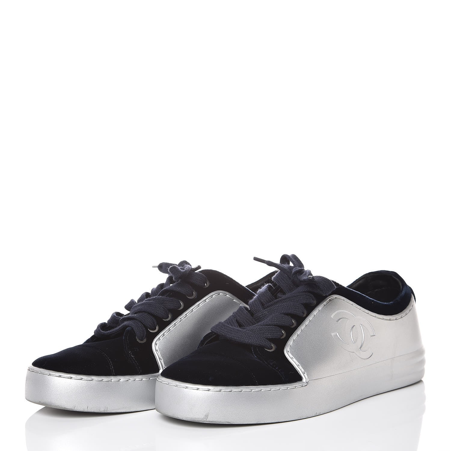 Chanel Calfskin Velvet Womens CC Sneakers 35 Silver Blue 3 of 11