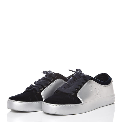 Chanel Calfskin Velvet Womens CC Sneakers 35 Silver Blue 3 of 11
