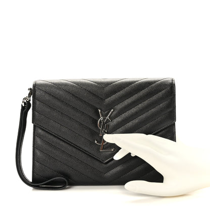 Saint Laurent Grain De Poudre Matelasse Chevron Monogram Cassandre Flap Pouch Black 2 of 8