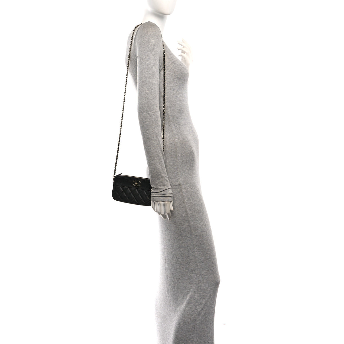 Caviar Quilted Zipped Phone Holder With Chain Black