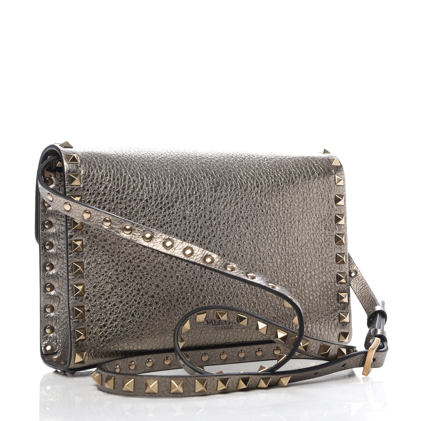 Metallic Pebbled Calfskin Medium Rockstud Flip Lock Crossbody Bag Sasso