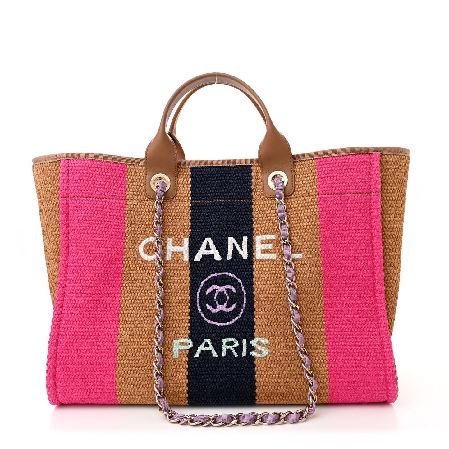 Straw Raffia Calfskin Striped Large Deauville Tote Dark Beige Fuchsia Navy Blue