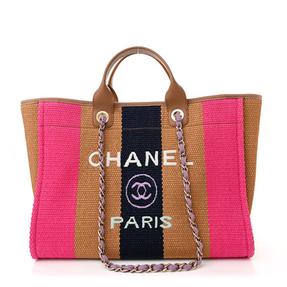 Chanel Straw Raffia Calfskin Striped Large Deauville Tote Dark Beige Fuchsia Navy Blue 1 of 12