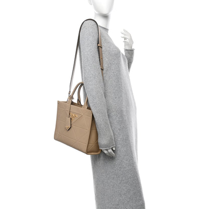 Prada Soft Calfskin Triangolo Symbole Embossed Small Tote Beige Khaki 2 of 10