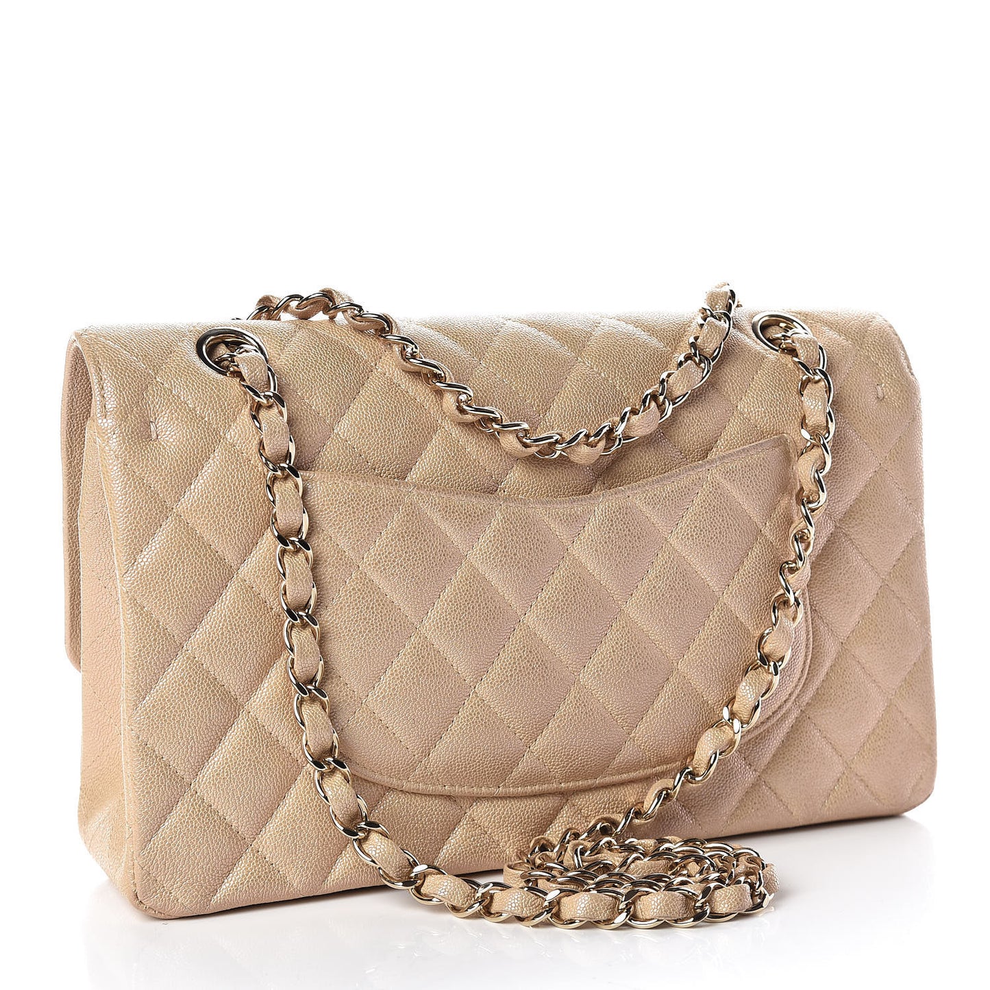 Iridescent Caviar Quilted Medium Double Flap Beige