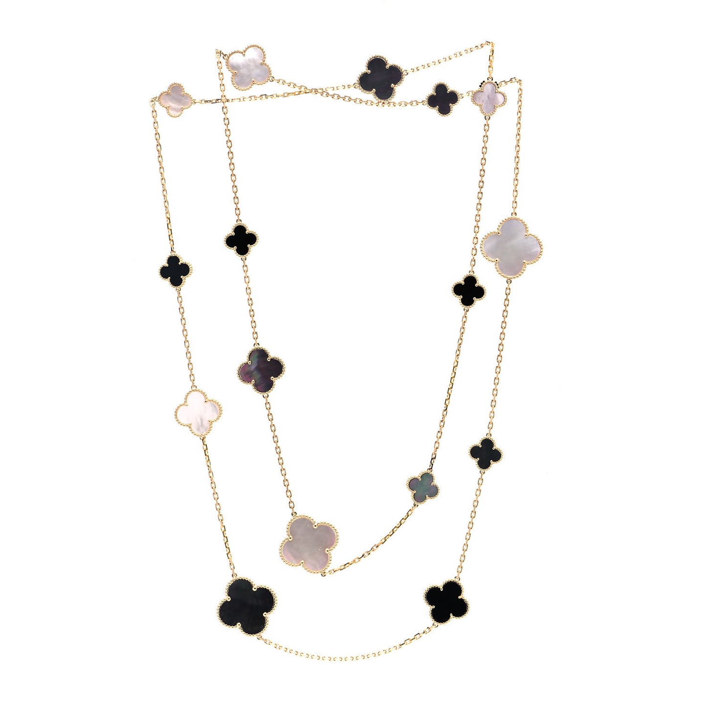 18K Yellow Gold Onyx Mother of Pearl 16 Motifs Magic Alhambra Necklace