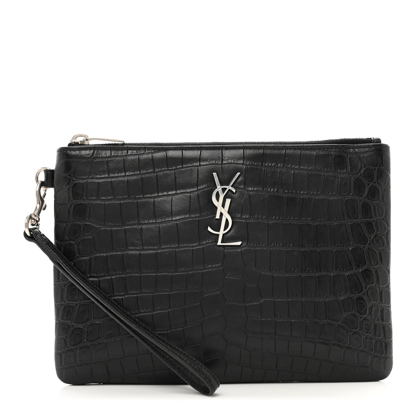 Calfskin Crocodile Embossed Monogram Zip Pouch Black