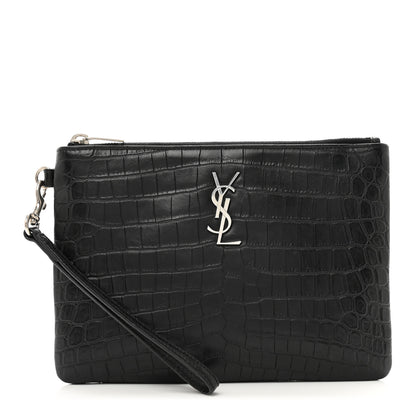 Saint Laurent Calfskin Crocodile Embossed Monogram Zip Pouch Black 1 of 7