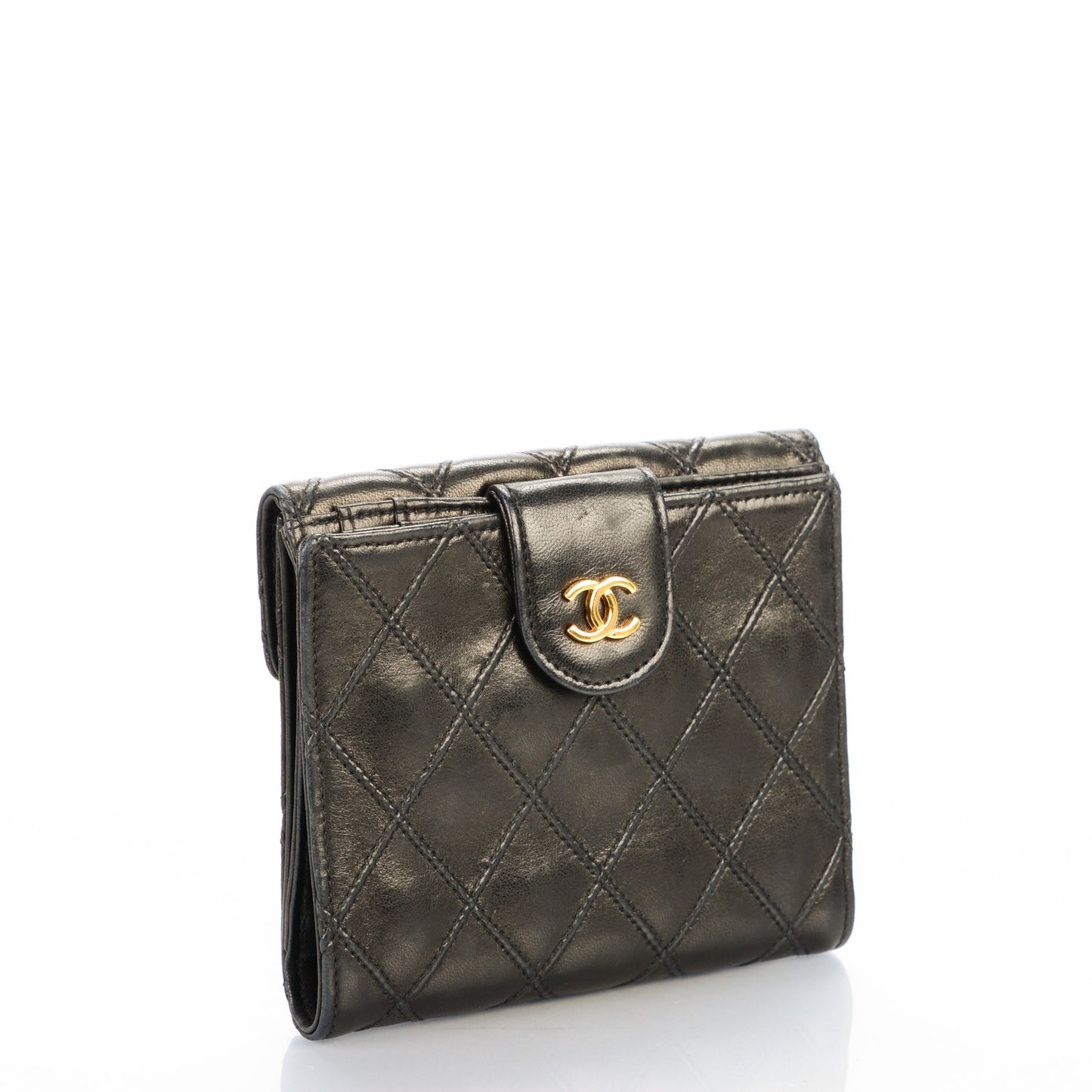 Calfskin Diamond Stitched Compact Wallet Black