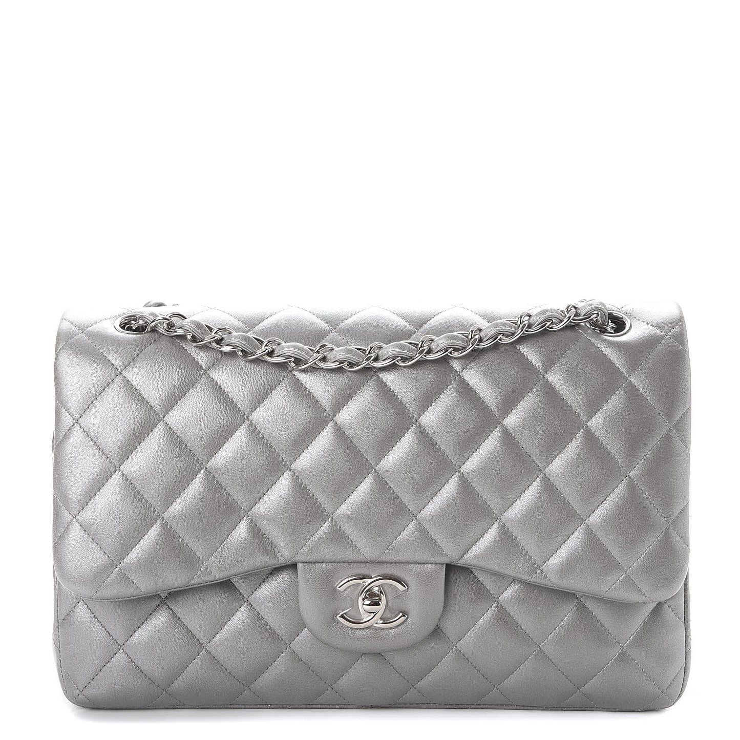 Metallic Lambskin Quilted Jumbo Double Flap Dark Grey