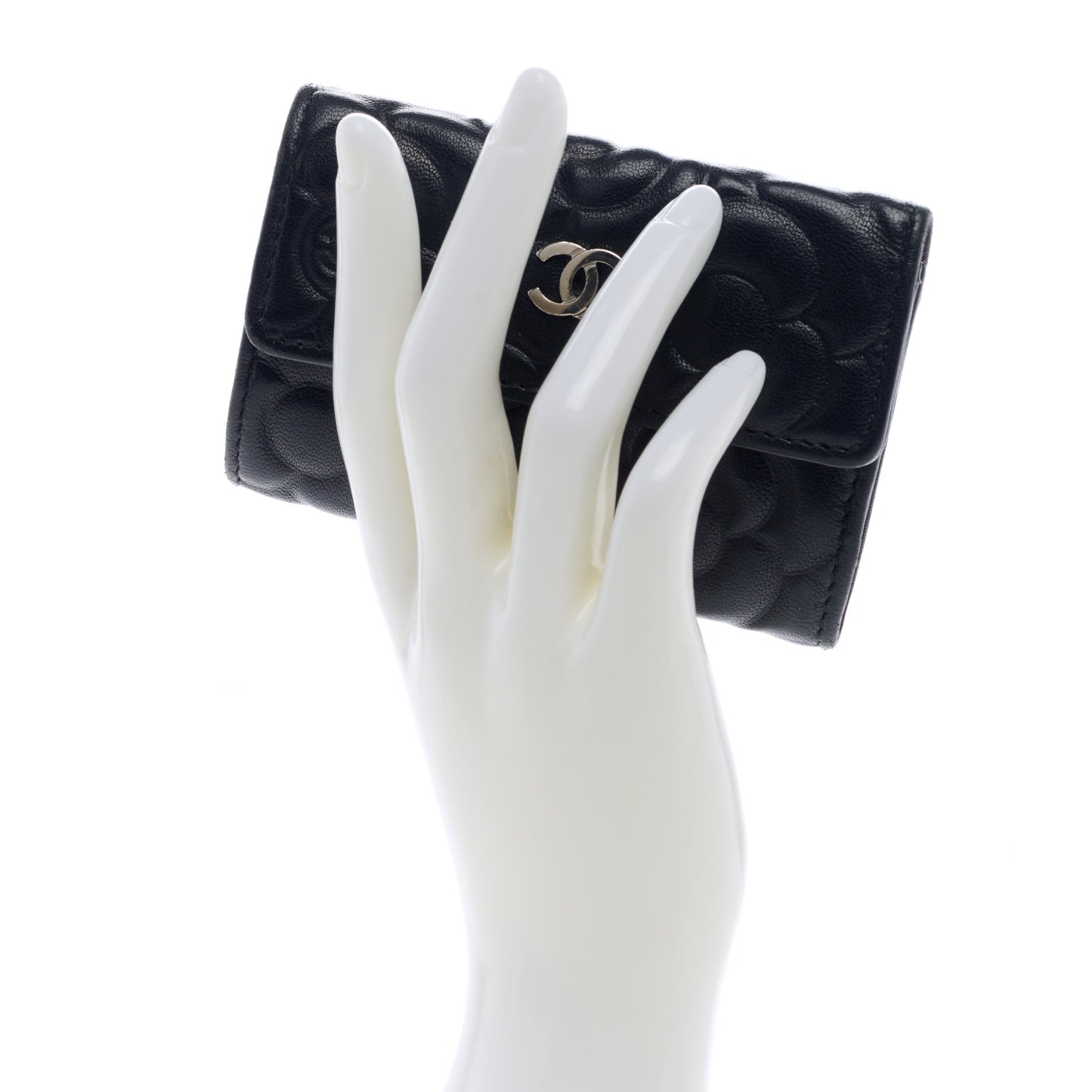 Goatskin Camellia Embossed 4 Key Holder Black