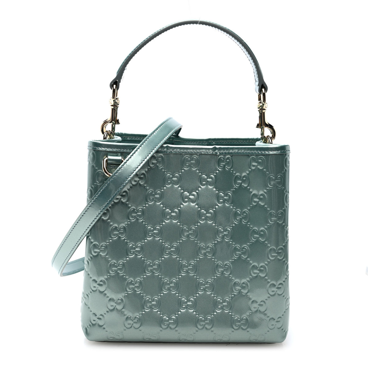 Gucci Patent GG Emblem Small Bucket Bag Light Blue 1 of 8