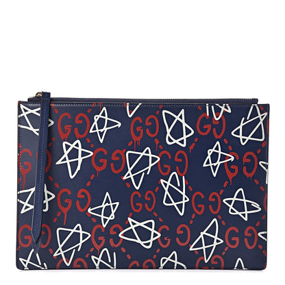 Gucci Calfskin GucciGhost Print Pouch Blue Agata Hibiscus Red 1 of 9