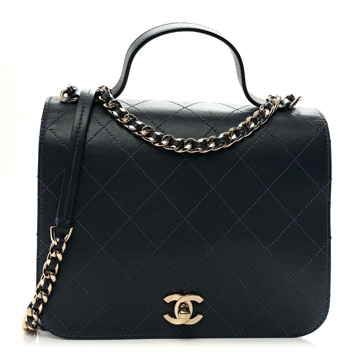 Calfskin Quilted Double Pocket Top Handle Flap Blue
